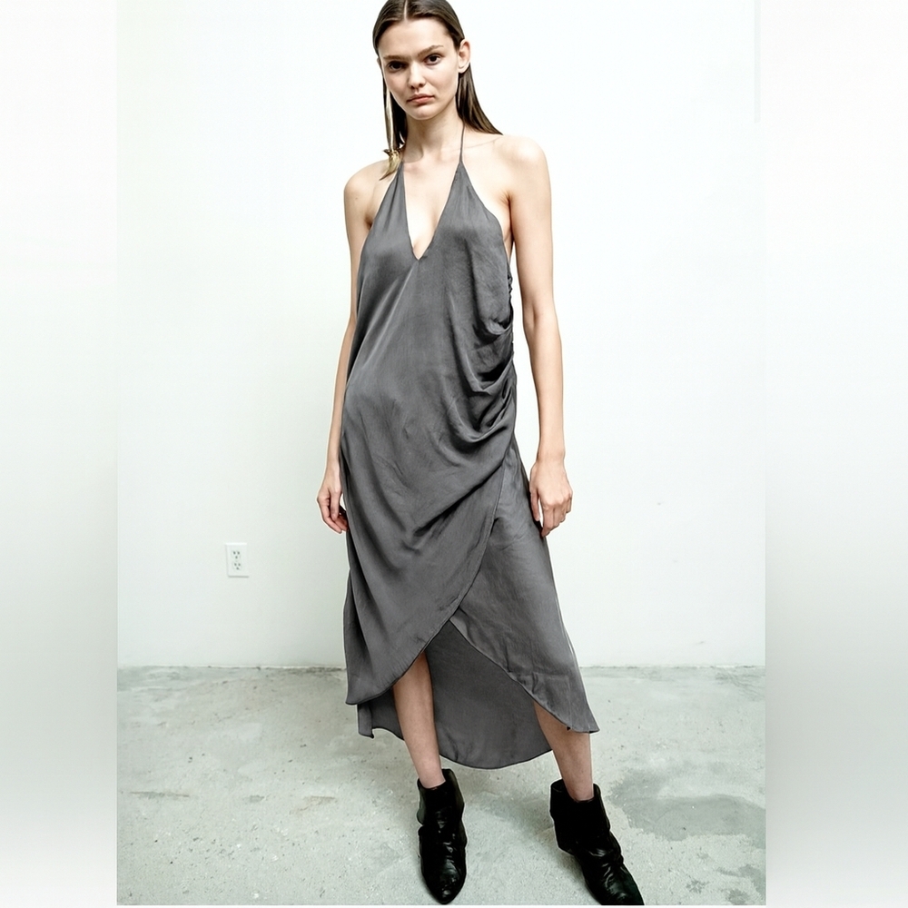 Nicholas K Gray Backless Draped Halter Midi Dress